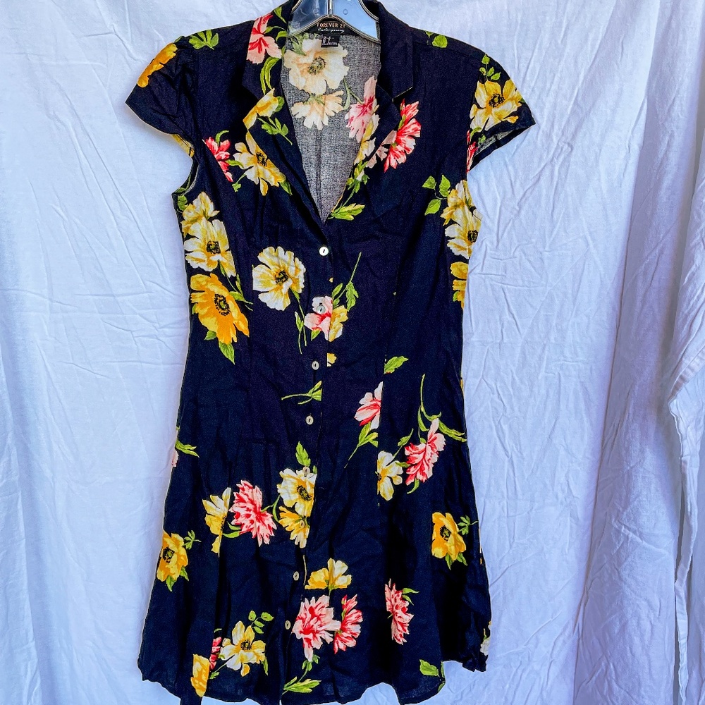 Black Button Down Flower Mini Dress
